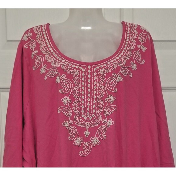 Woman Within Tunic Top Size 4X 34/36 Pink Embroidered Bohemian 3/4 Sleeve - Picture 2 of 5